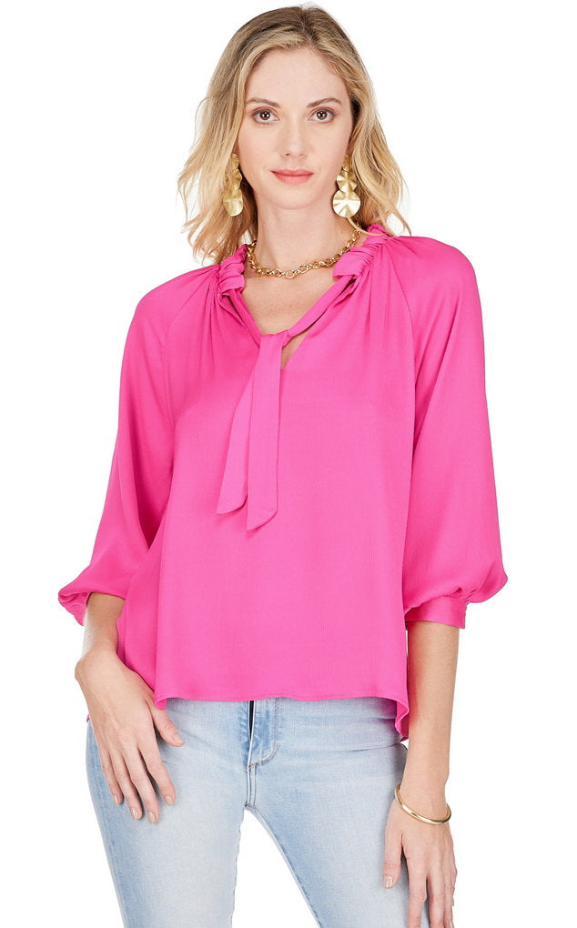 Ruched Neck Peasant Top • Fuchsia