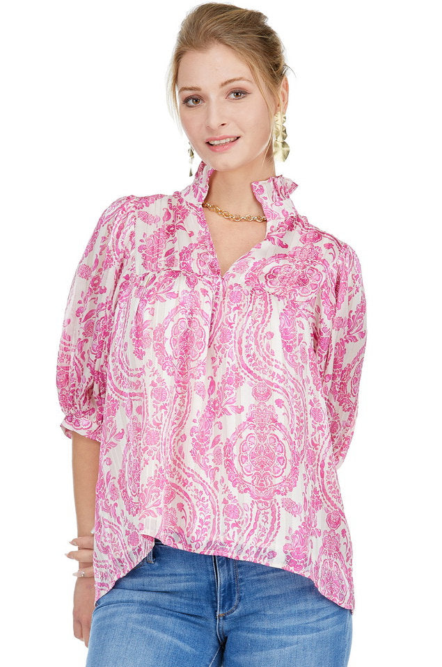 High Neck Puff Sleeve Top • Magenta Paisley