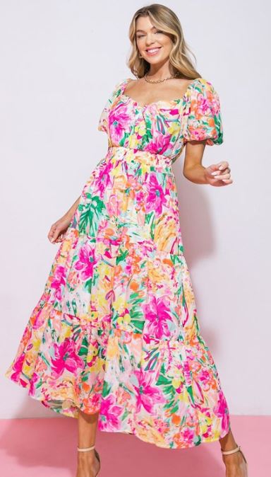 Flower Garden Midi Dress • Ivory Fuchsia