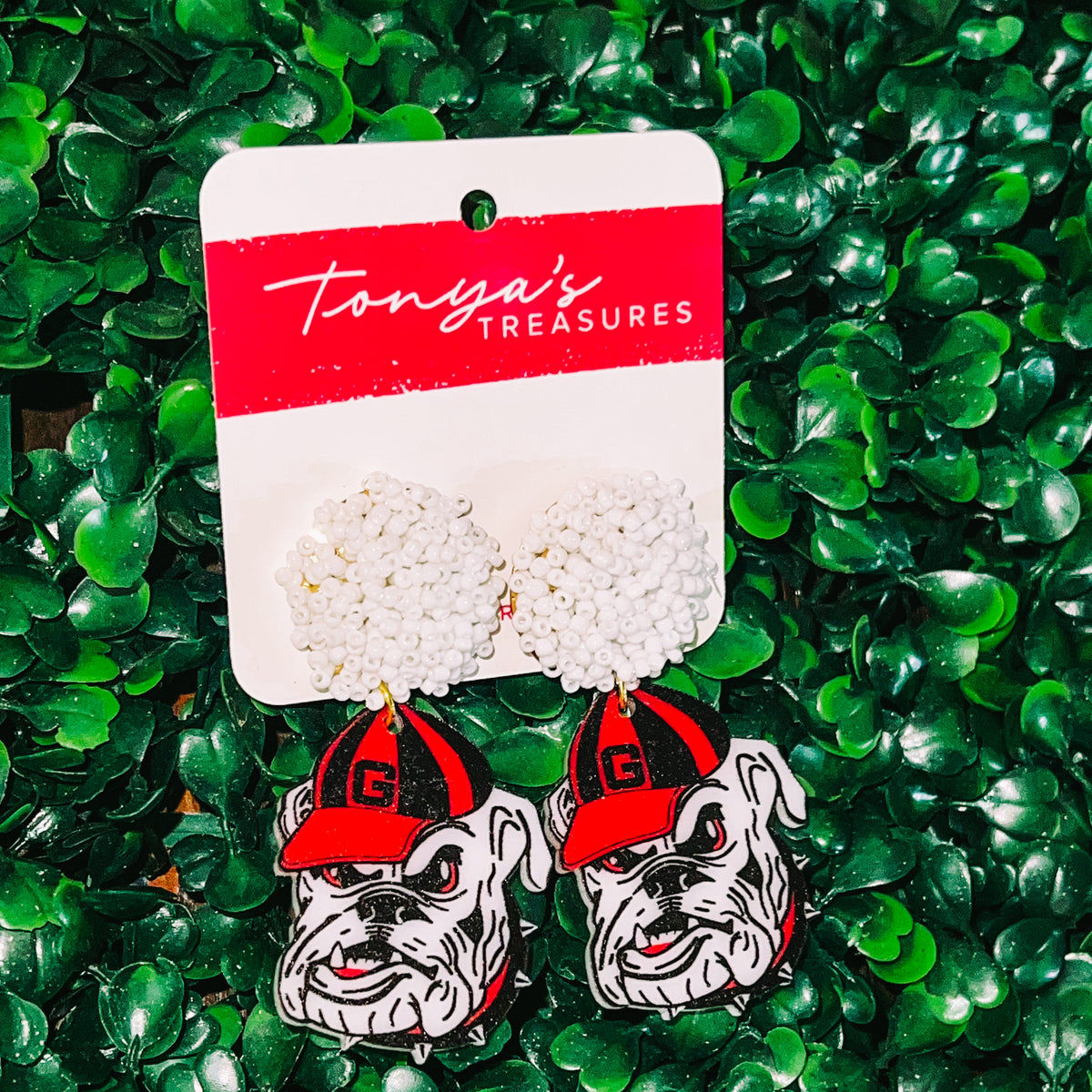 Large Beaded UGA Dawg Head Earrings • White