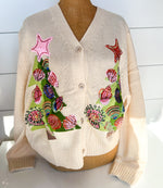 QOS Ivory Shell Christmas Tree Cardigan