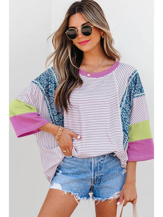 Floral Stripe Patchwork Bracelet Sleeve Top • Multi