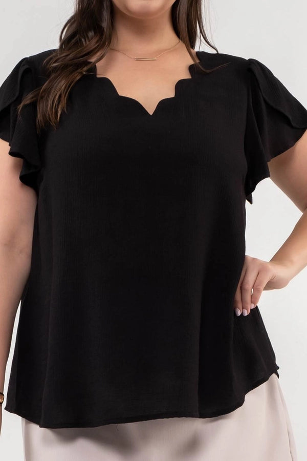 Lila Scallop Trim Top • Black • Plus