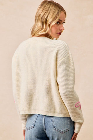 Vixie Ribbon Sweater Cardigan • Ivory & Pink