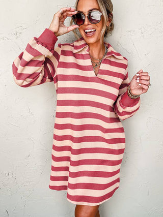 Collared V Neck Long Sleeve Casual Dress • Pink Stripe