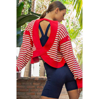 Striped Open Back Long Sleeve Top • Red + Ivory