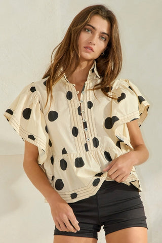 Ruffle Sleeves Pintuck Polka Dot Top • Cream + Black