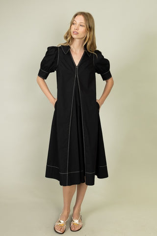 Puff Sleeve A-Line Midi Dress • Black