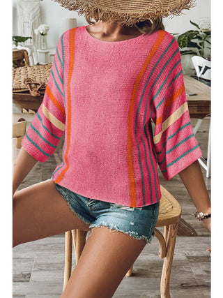 Striped Wide Sleeve Knit Sweater • Pink