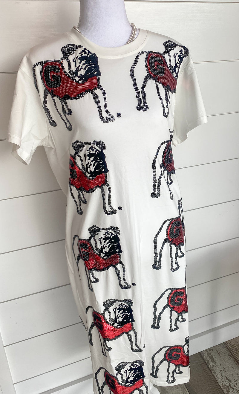 QOS Licensed White Sequin Georgia Bulldog Midi Dress