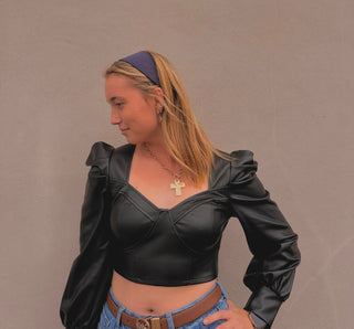 Vegan Leather Puff Sleeve Top • Black