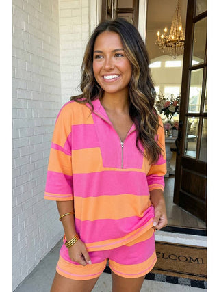 Stripe Me Away Oversized Top and Shorts Set • Pink/Orange