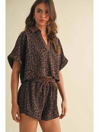 Leopard Cropped Short Sleeve and Shorts Set