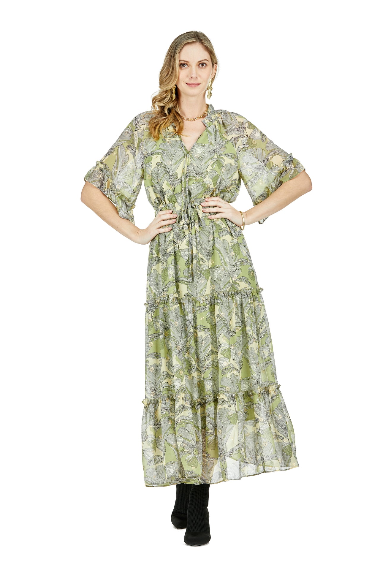 Cinched Waist Maxi Dress Olive Leave Olive Leave / S Cinched Waist Maxi Dress Olive Leave Olive Leave / S