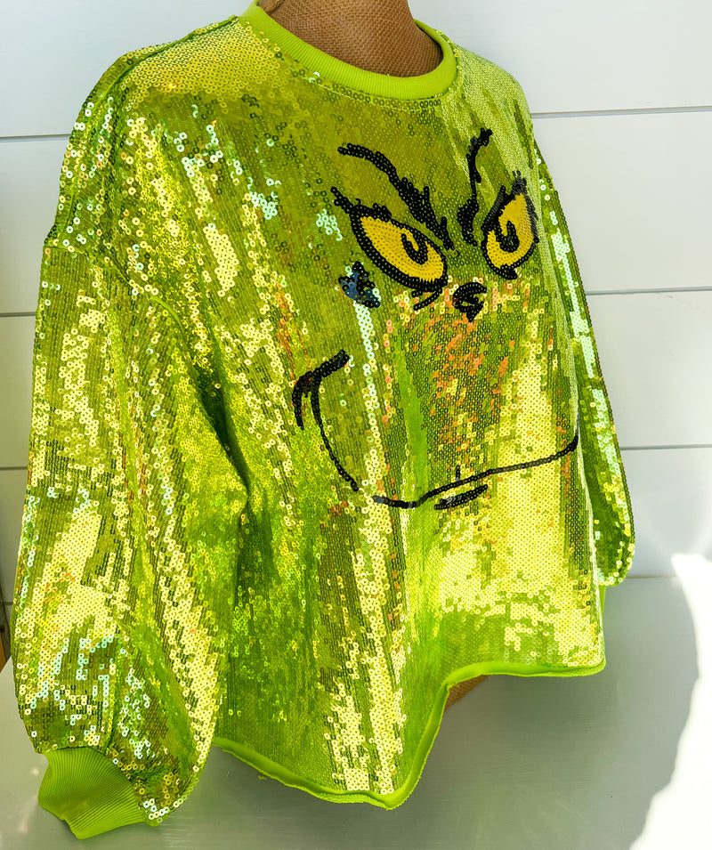 QOS Green Grinch Full Sequin Sweater