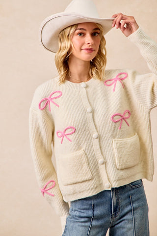 Vixie Ribbon Sweater Cardigan • Ivory & Pink
