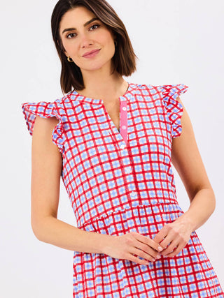 Riley Flutter Sleeve Midi Dress • Gingham Red & Blue