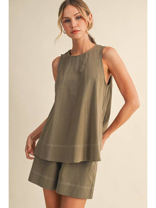Simple Me Stitch Sleeveless Top and Shorts Set • Olive
