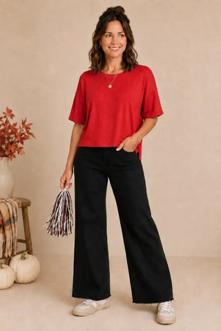 Racquel Ribbed Knit Raw Hem Tee • Red