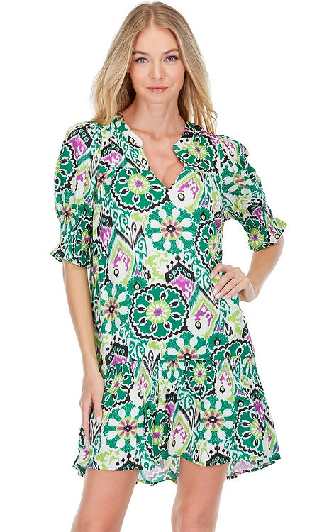 Shirred Flounce Dress Green Kaleidoscope L / Green Kaleidoscope Shirred Flounce Dress Green Kaleidoscope L / Green Kaleidoscope