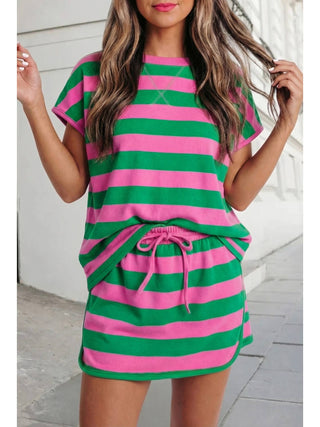 Logan Striped Tee & Short Set • Green & Pink