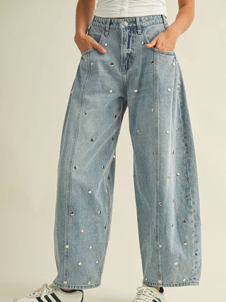 Studded Barrel Denim Pants • Light Denim