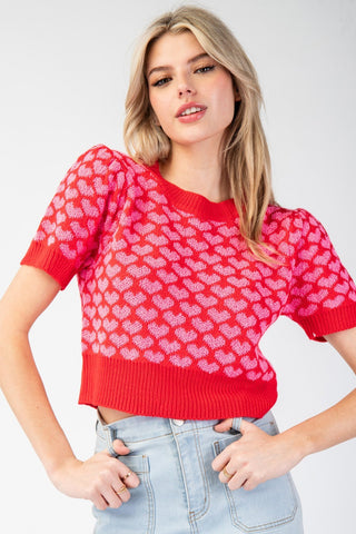Sariah Heart Pattern Knit Top • Cherry Red