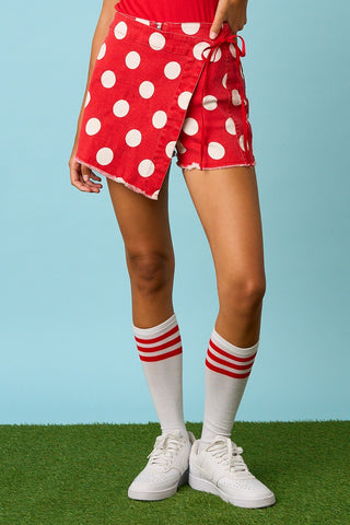 Delia Game Day Polka Dot Wrap Mini Skirt • Red