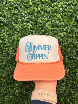 Summer Sippin' Trucker Hat • Coral + White