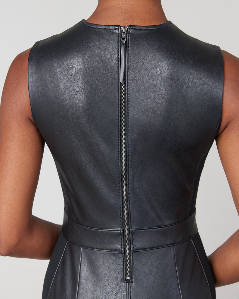 Leather-Like Combo Fitted Dress • Luxe Black