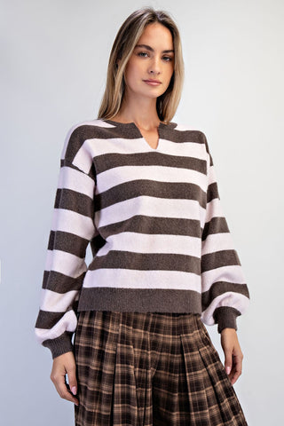 Audrey Front Slit Crew Neck Stripe Sweater • Chocolate & Pink