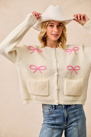 Vixie Ribbon Sweater Cardigan • Ivory & Pink