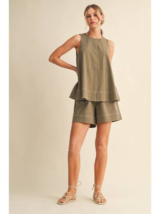 Simple Me Stitch Sleeveless Top and Shorts Set • Olive