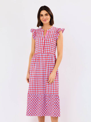Riley Flutter Sleeve Midi Dress • Gingham Red & Blue
