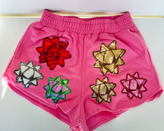QOS Pink Metallic Present Bow Shorts