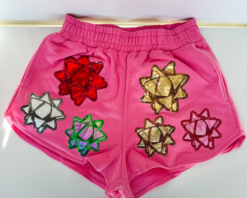 QOS Pink Metallic Present Bow Shorts