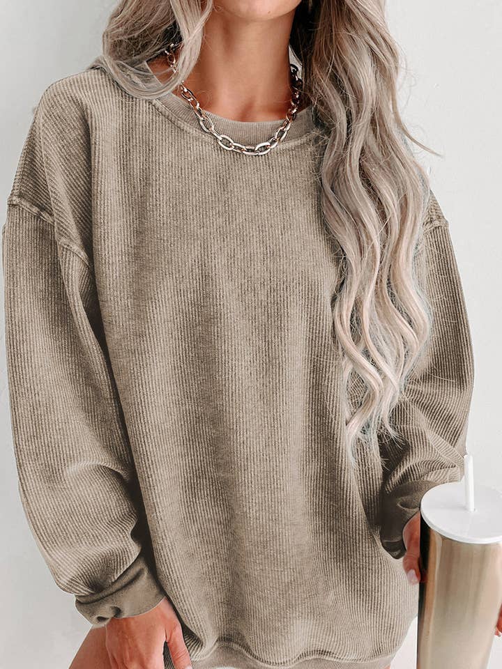 Your Main Squeeze • Ribbed Knit Neck Pullover Sweatshirt • Khaki