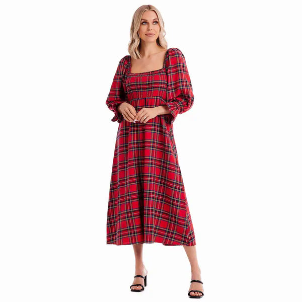 Vanessa Plaid Midi Dress • Red