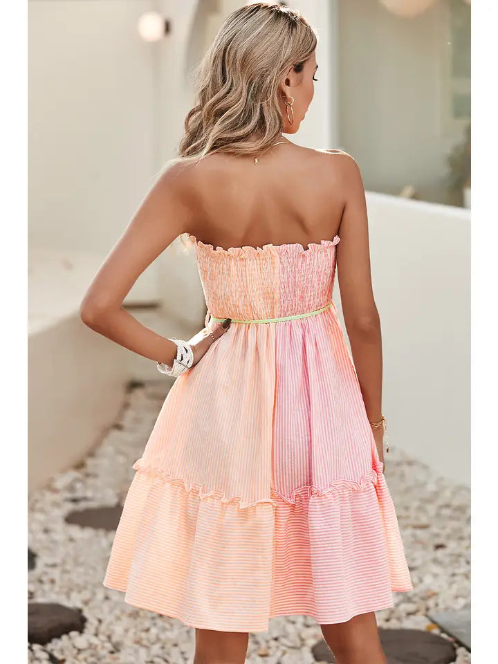 Smocked Strapless Mini Dress • Pink+Orange