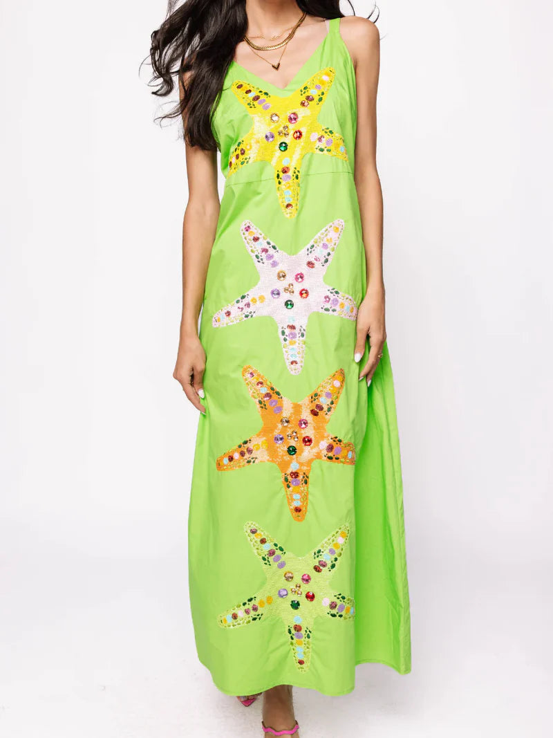 Lime Green Multi Star Fish Midi Cotton Dress | Queen of Sparkles S / Lime Green Lime Green Multi Star Fish Midi Cotton Dress | Queen of Sparkles S / Lime Green