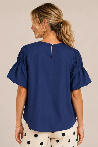 Penny Puff Sleeve Smocked Yoke Blouse • Blue