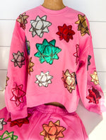 QOS Pink Metallic Present Bow Sweatshirt