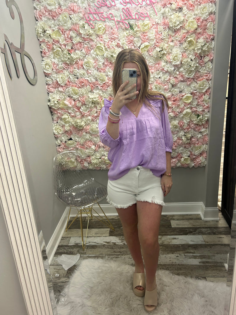 Ruffle Shoulder Top • Soft Lavender