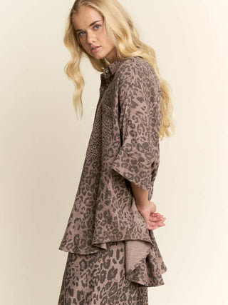 Animal Printed Ribbon Ruffle Sleeve Shirt Top • Mocha