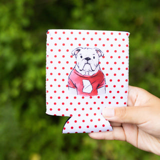 Bulldog Face Can Cooler • Red & White Polka Dot