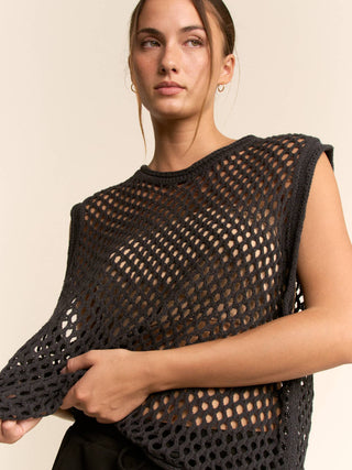 Bryce Fishnet Crew Neck Sweater Vest • Black