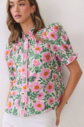 Rowen Floral Print Button Down Blouse • Pink