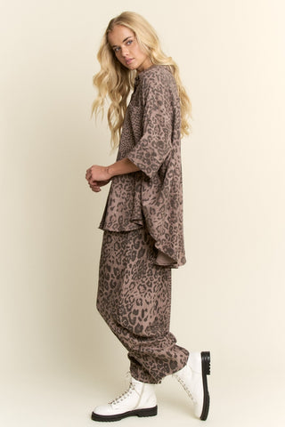 Animal Printed Ribbon Ruffle Sleeve Shirt Top • Mocha