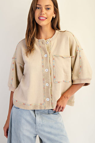 Enzyme Washed Terry Knit Button Down Top • French Vanilla