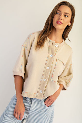 Enzyme Washed Terry Knit Button Down Top • French Vanilla